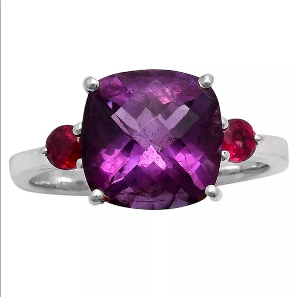 Earth Art hand crafted artisan Jewelry - Cushion cut faceted Brazilian Amethyst silver rings 7.5